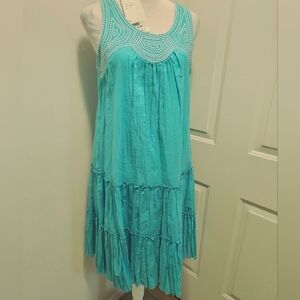 Vasna Embroidered Tiered Teal Sleeveless Midi Dress NWT
